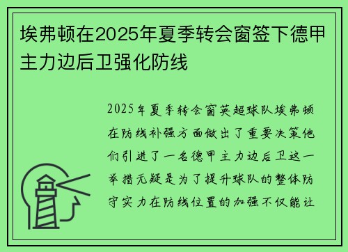 埃弗顿在2025年夏季转会窗签下德甲主力边后卫强化防线